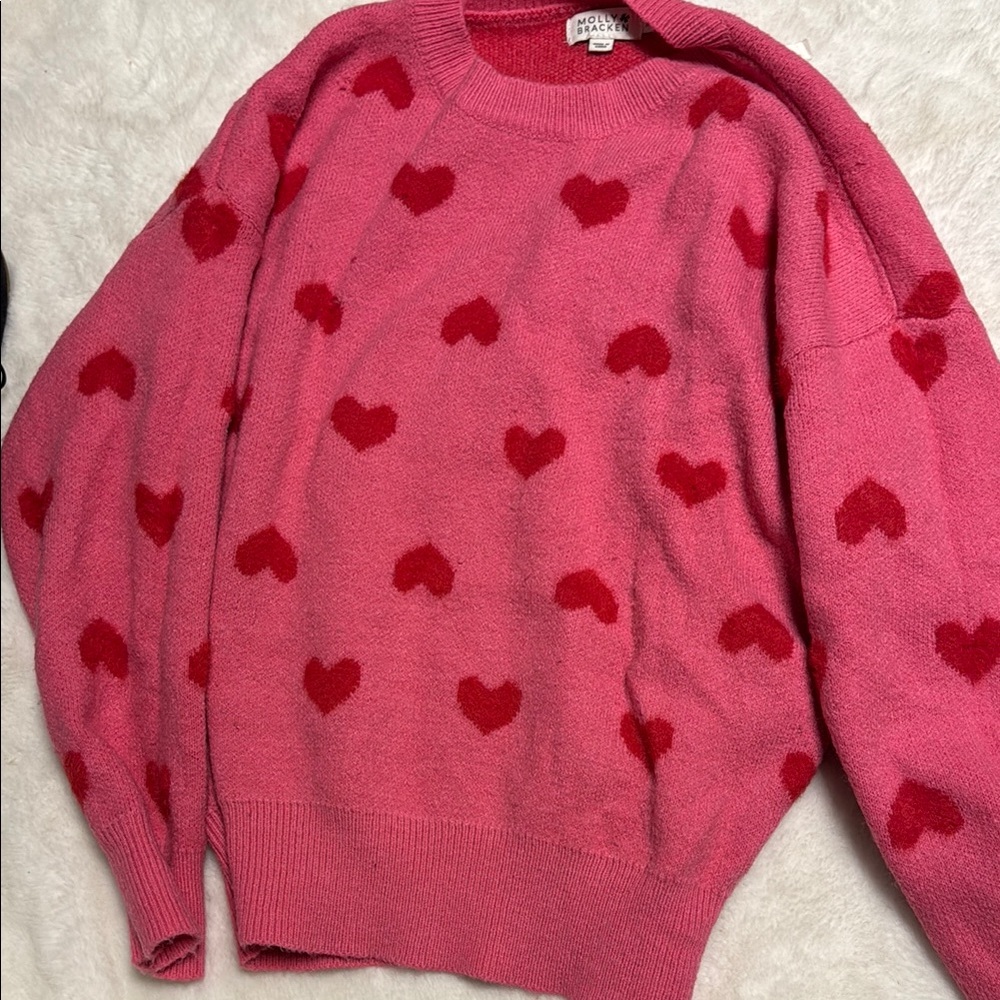 Molly Bracken Pink Sweater with Heart Pattern and Crew Neck Style